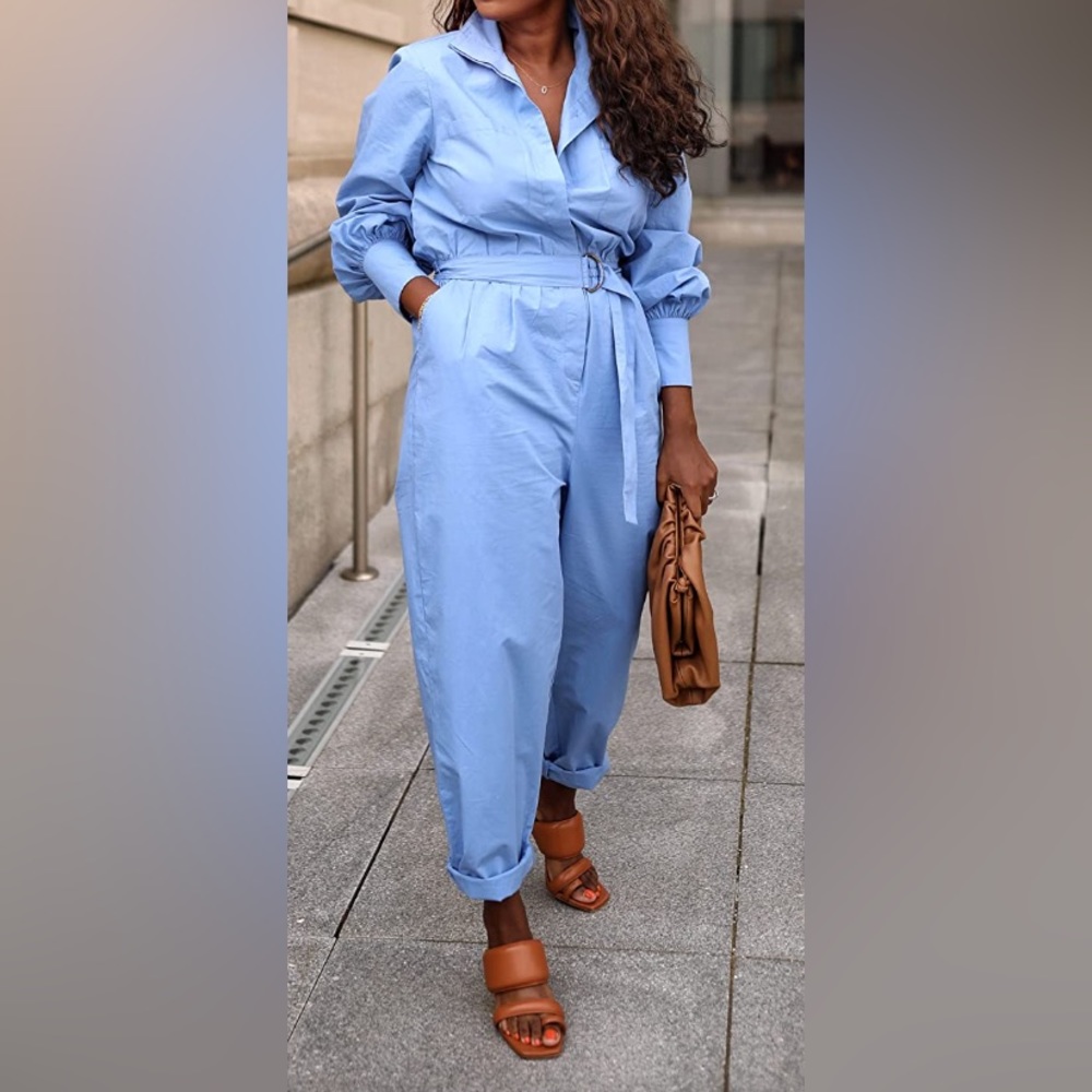 Long Sleeve Belted Jumpsuit by @highlowluxxe | Blue